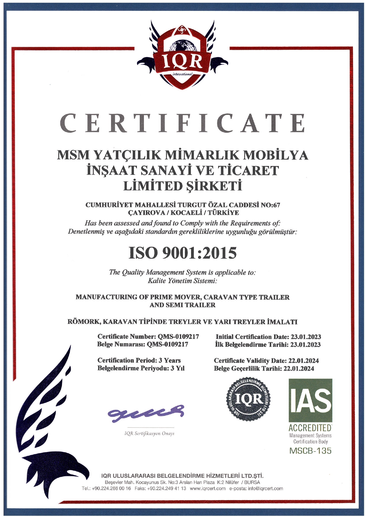 MSM Yatçılık ISO 9001:2015 Sertifikası